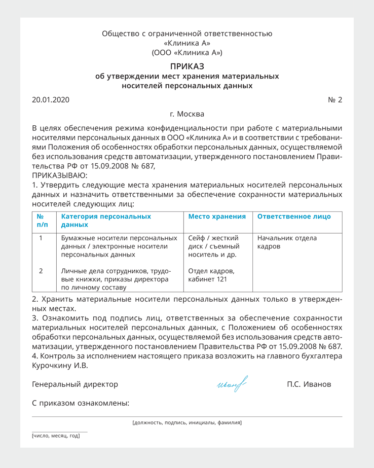 Образец приказа об обработке персональных данных образец