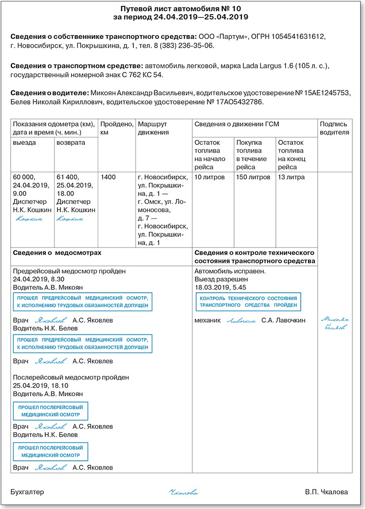 Штамп о прохождении водителем предрейсового медицинского осмотра