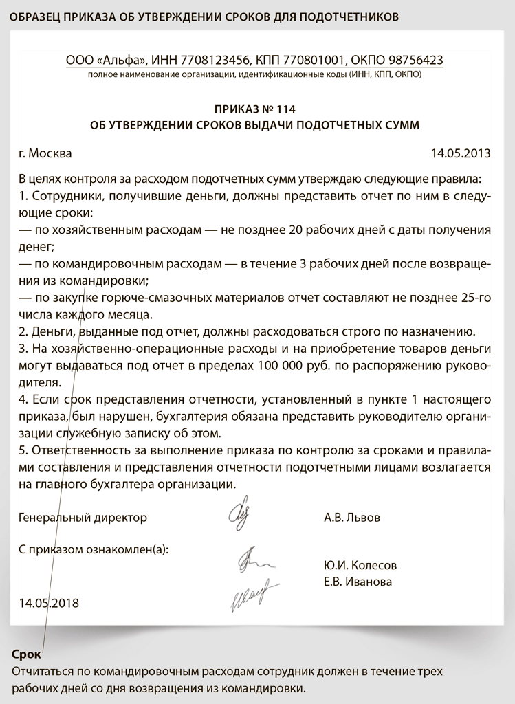 Приказ об утверждении положения о подотчетных лицах образец