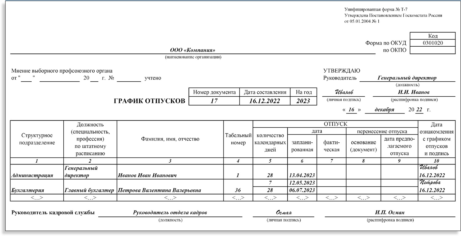 График отпусков на 2023 образец заполнения