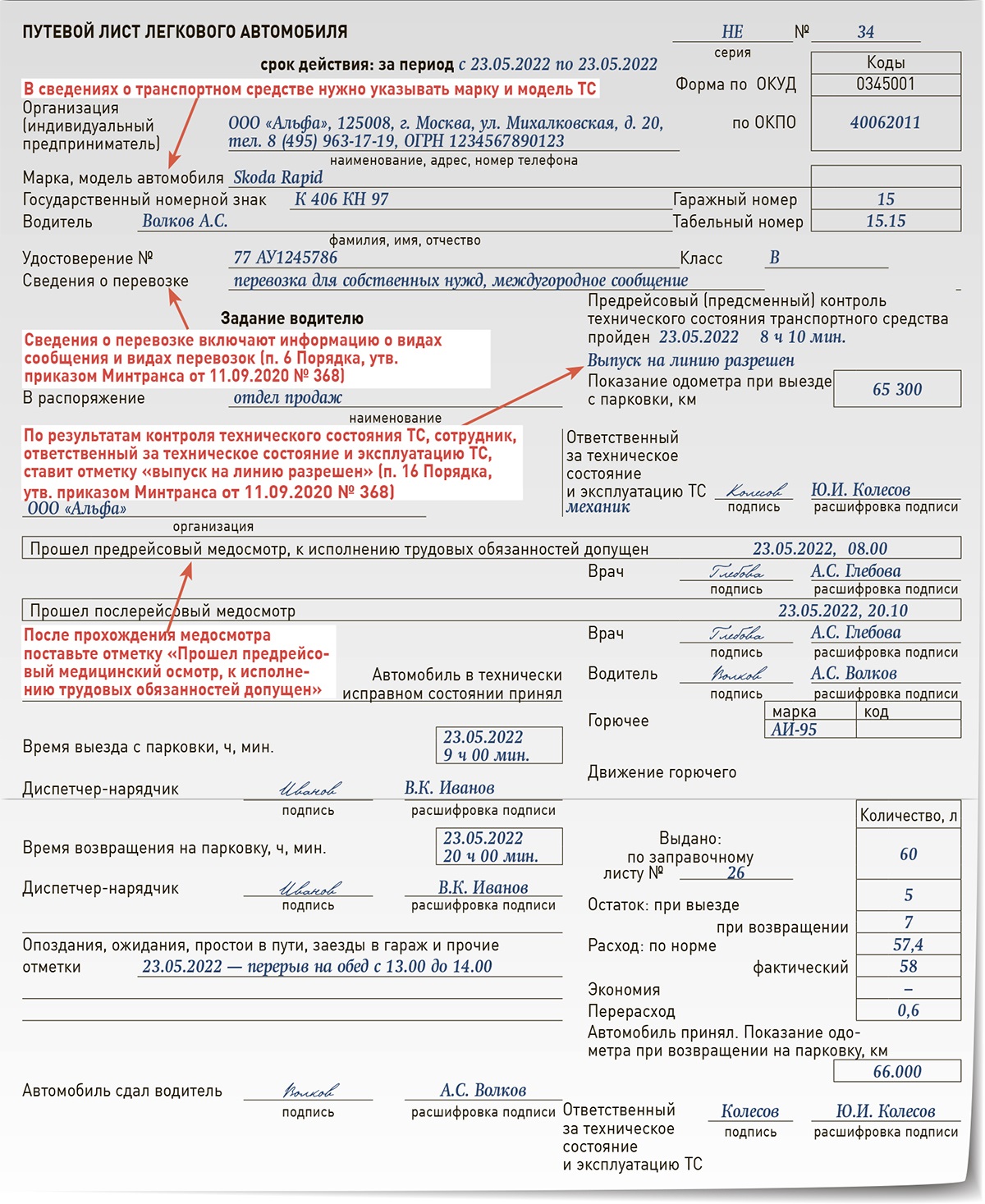 Форма путевого листа легкового автомобиля 2022 образец