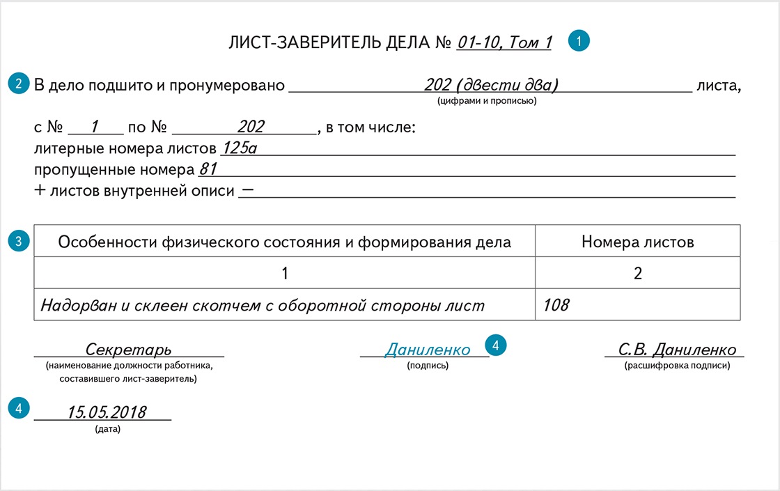 Лист заверитель дела