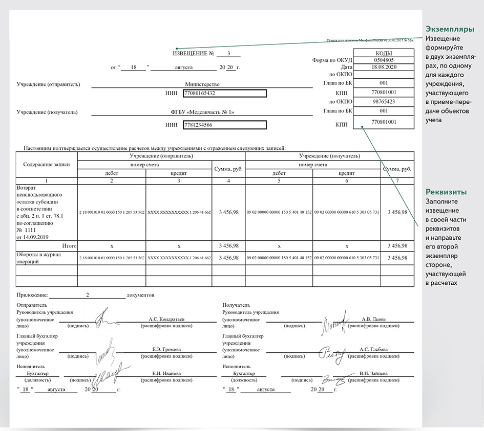 Извещение ф 0504805 для бюджетных учреждений образец заполнения в 1с
