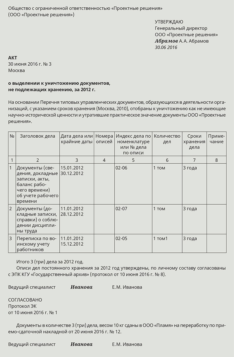 Акт о выделении к уничтожению бухгалтерских документов не подлежащих хранению образец