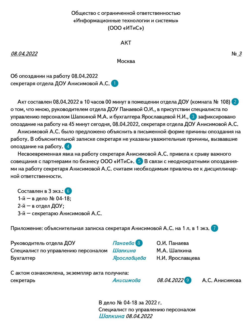 Как составить акт о опоздании на работу сотрудника образец